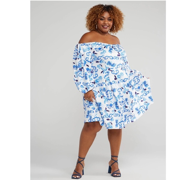 Fashion To Figure Off-Shoulder Floral Print Dress Blue & White NWT cruisewear - Picture 1 of 8